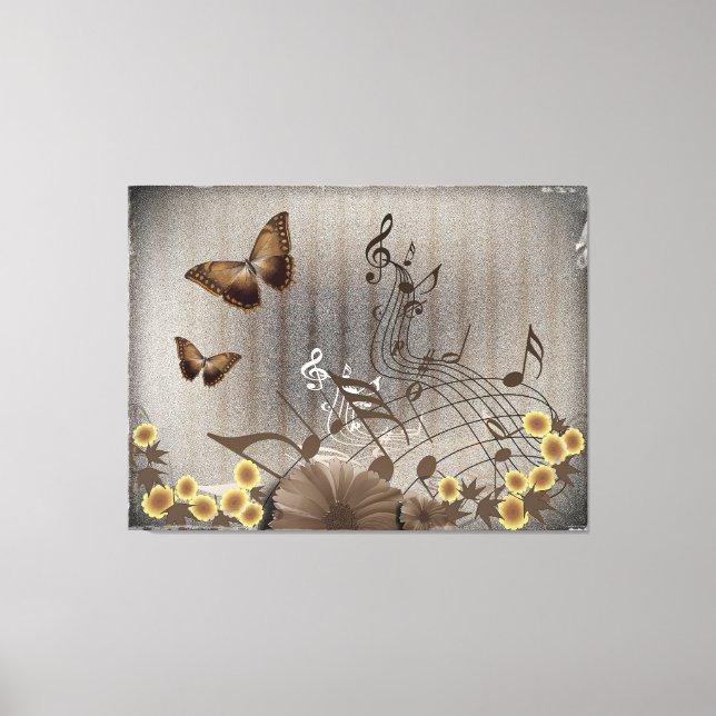 Impressão Em Tela Borboletas e Notas de Música (Frente)