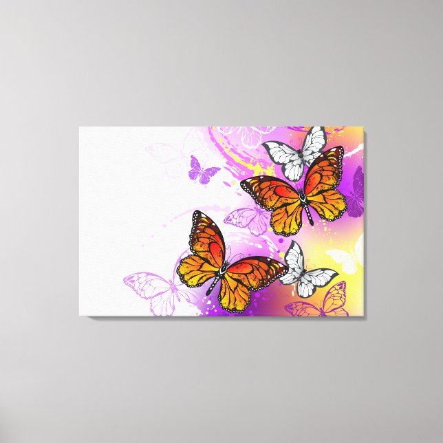 Impressão Em Tela Borboletas Monarcas em Fundo Roxo (Frente)