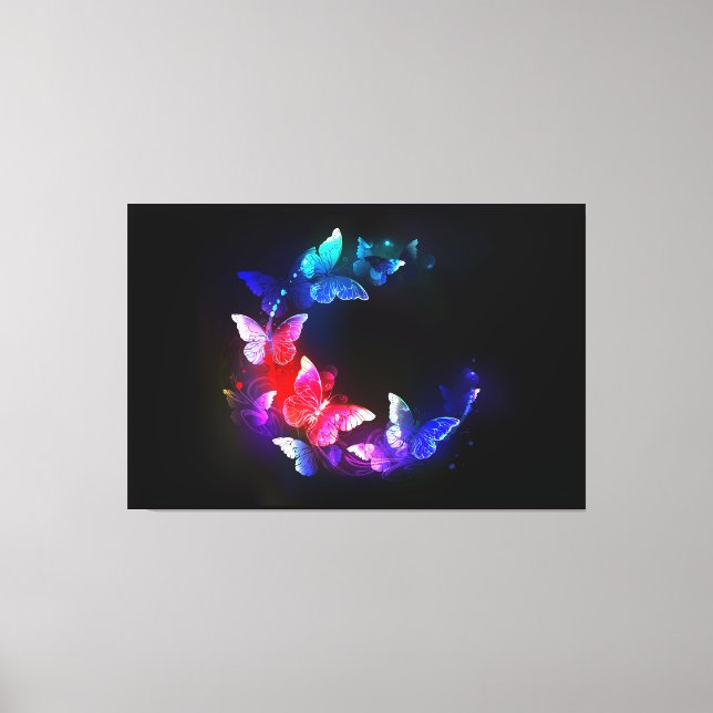 Impressão Em Tela Borboletas Neon Night brilhantes sobre fundo preto (Frente)
