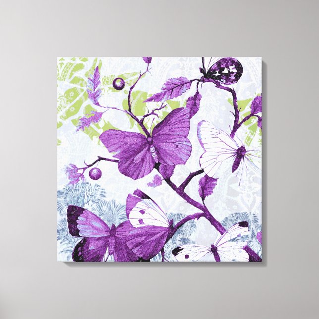 Impressão Em Tela Borboletas roxas em uma ramificação (Frente)