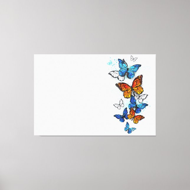 Impressão Em Tela Borboletas voadoras Morpho e Monarca (Frente)