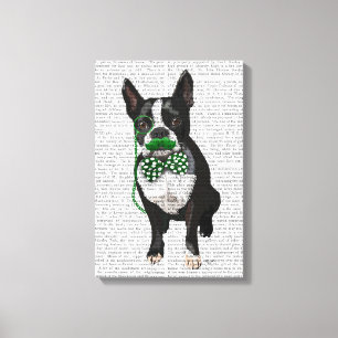 Impressão Em Tela Boston Terrier com bigode verde e gravata picada