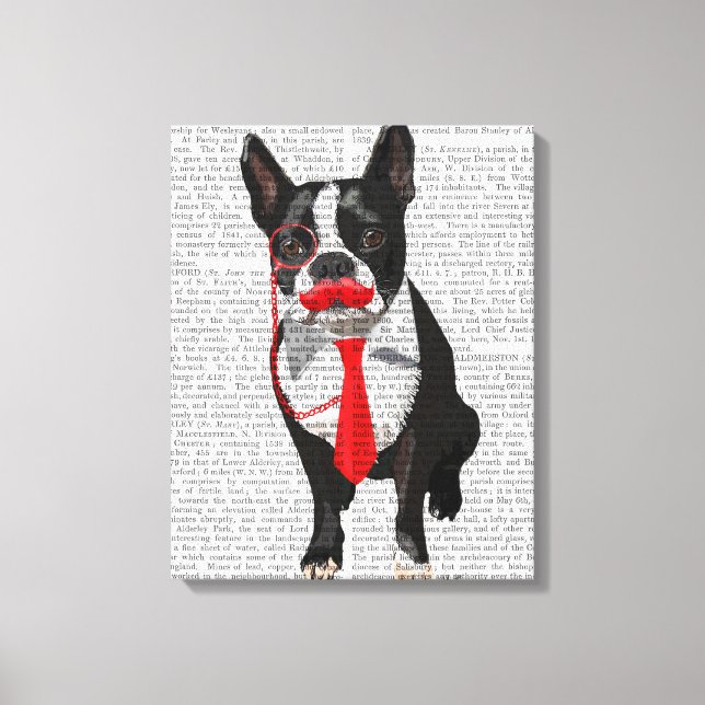 Impressão Em Tela Boston Terrier com gravata vermelha e bigode (Frente)