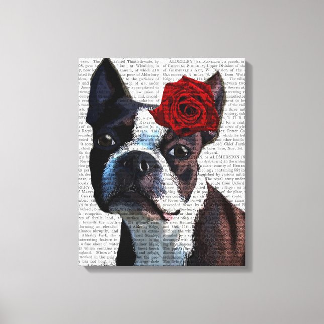 Impressão Em Tela Boston Terrier com Rosa na cabeça (Frente)