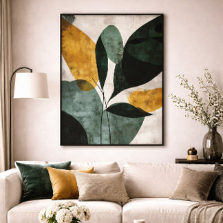 Impressão Em Tela Botânica Abstrata Verde Mostarda Texturizada Minim