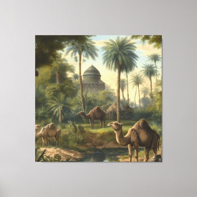 Impressão Em Tela Botânica: dromedários na selva perto de um rio (Frente)
