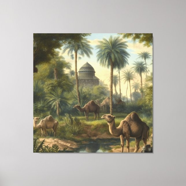 Impressão Em Tela Botânica: dromedários na selva perto de um rio (Frente)