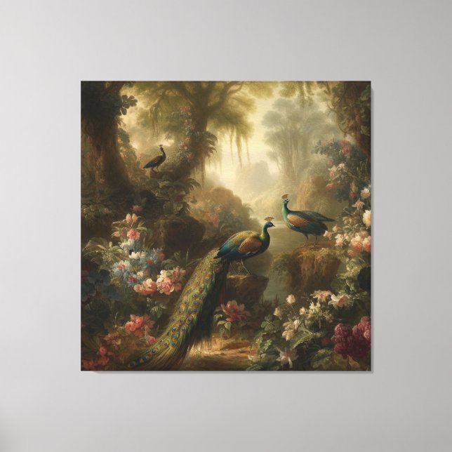 Impressão Em Tela Botânica: três pavões no jardim inglês (Frente)