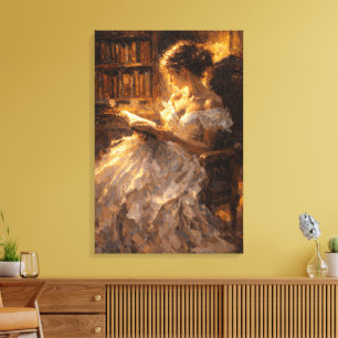 Impressão Em Tela Brilho da Biblioteca Dourada: Estilo Impasto Visua