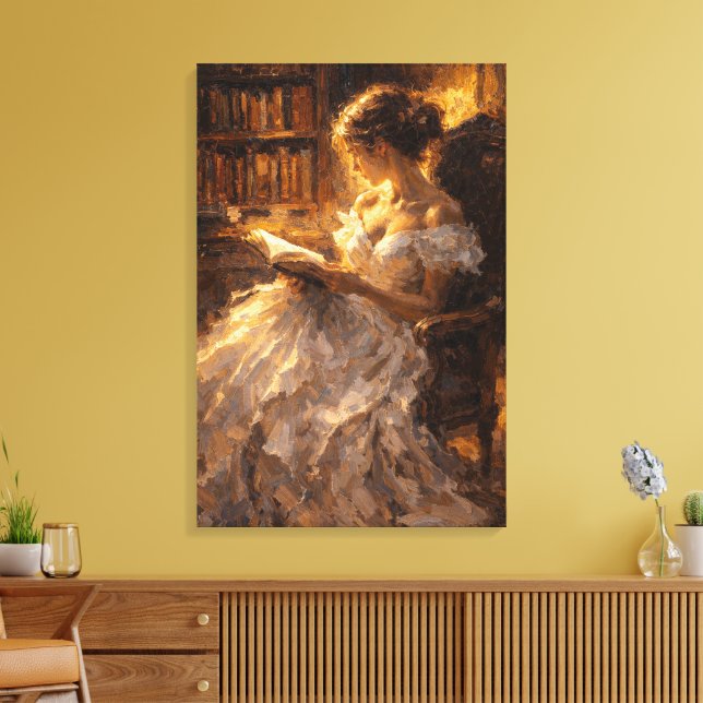 Impressão Em Tela Brilho da Biblioteca Dourada: Estilo Impasto Visua (Insitu(Sala de estar))