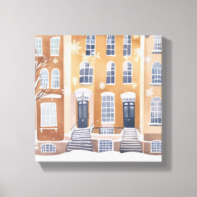 Impressão Em Tela Brownstone Homes | Snowy City Street Watercolor (Frente)
