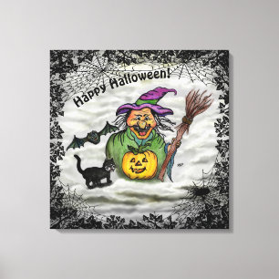 Impressão Em Tela Bruxa, Gato, Bat e Pumpkin, Feliz Halloween!