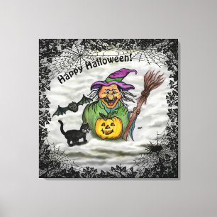Impressão Em Tela Bruxa, Gato, Morcego e Abóbora, Feliz Halloween!