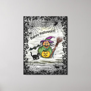 Impressão Em Tela Bruxa, Gato, Morcego e Abóbora, Feliz Halloween!