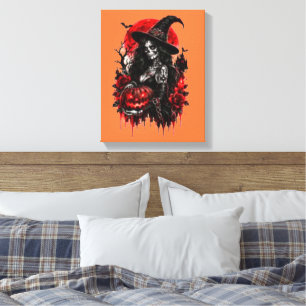 Impressão Em Tela Bruxa Gótica Abóbora Halloween Gato Preto Assustad