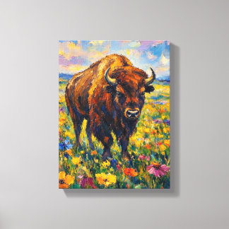 Impressão Em Tela Búfalo no campo de flores silvestres pintura de ar