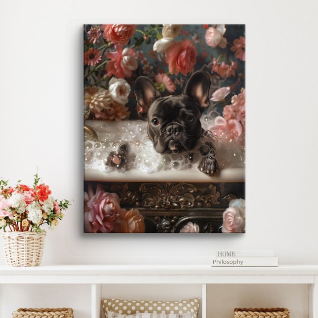 Impressão Em Tela Bulldog Art Francês | Francês na Banheira de Batht (Chocolate Frenchie Art)
