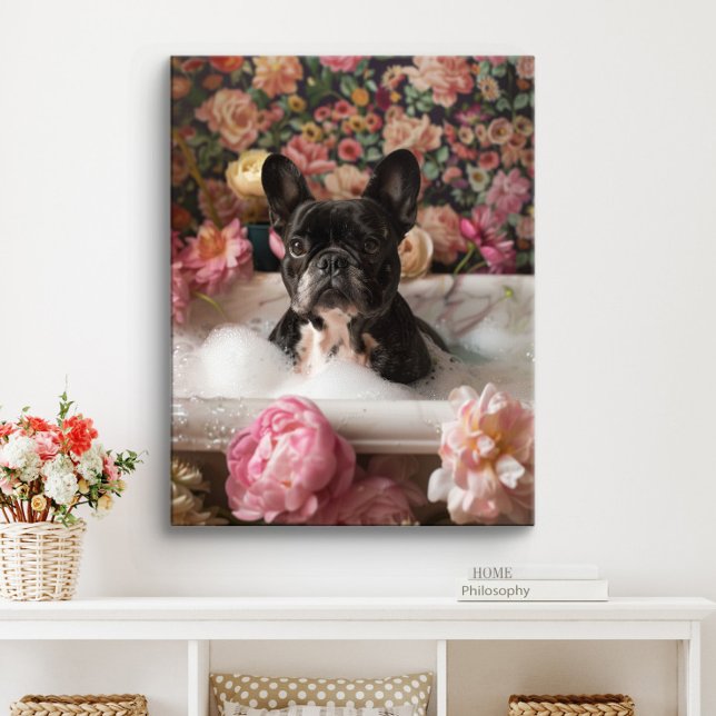 Impressão Em Tela Bulldog Art Francês | Francês na Banheira de Batht (Black Frenchie Art)