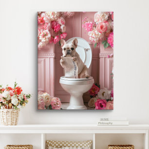 Impressão Em Tela Bulldog Francês no Banheiro   Arte de Frenchie Ban