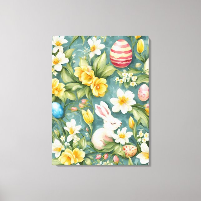 Impressão Em Tela Bunnies, Flores de primavera e Ovos de Páscoa. Pin (Frente)