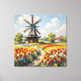 Impressão Em Tela Bunte Frühlingswiese mit Windmühle