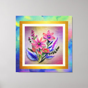 Impressão Em Tela Buquê de Flores Aquarela, Fundo Colorido   