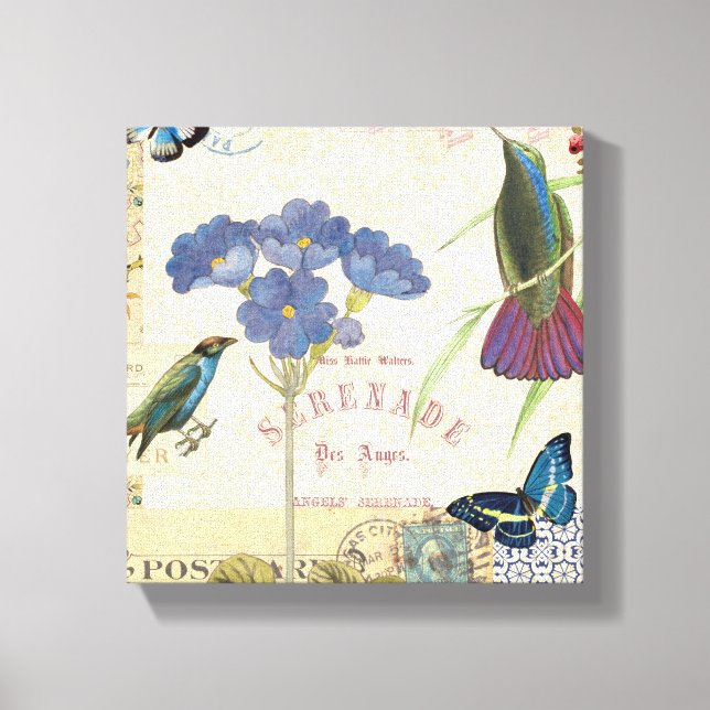 Impressão Em Tela Buquê de flores, aves e borboletas (Frente)