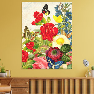 Impressão Em Tela Buquê de Flores Vintage Borboletas Em Tela Envolvi