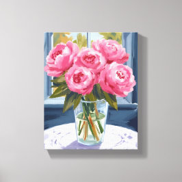 Impressão Em Tela Buquê de Peônia Corada | Pintura de Flor Rosa
