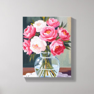 Impressão Em Tela Buquê de Peônia Floral em Aquarela Rosa em Vaso