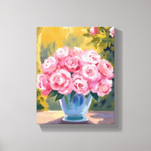 Impressão Em Tela Buquê de Rosa Rosa   Floral Vaso Aquarela