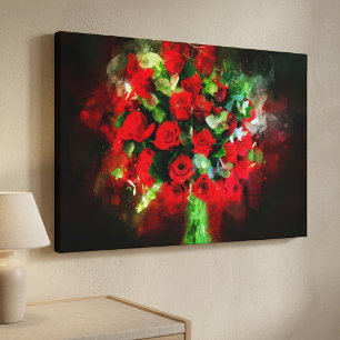 Impressão Em Tela Buquê de Rosas Vermelhas Aquarela em Fundo Preto