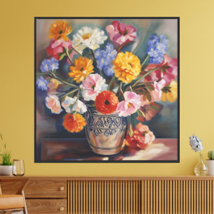 Impressão Em Tela Buquê Floral Colorido em Vaso de Cerâmica Arte Flo