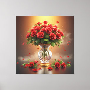 Impressão Em Tela Buquê Opulento de Rosas Vermelhas em Vaso de Crist
