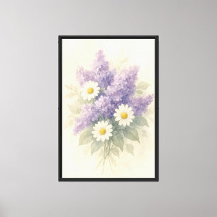 Impressão Em Tela Buquê Romântico Lilac e Daisy Watercolor