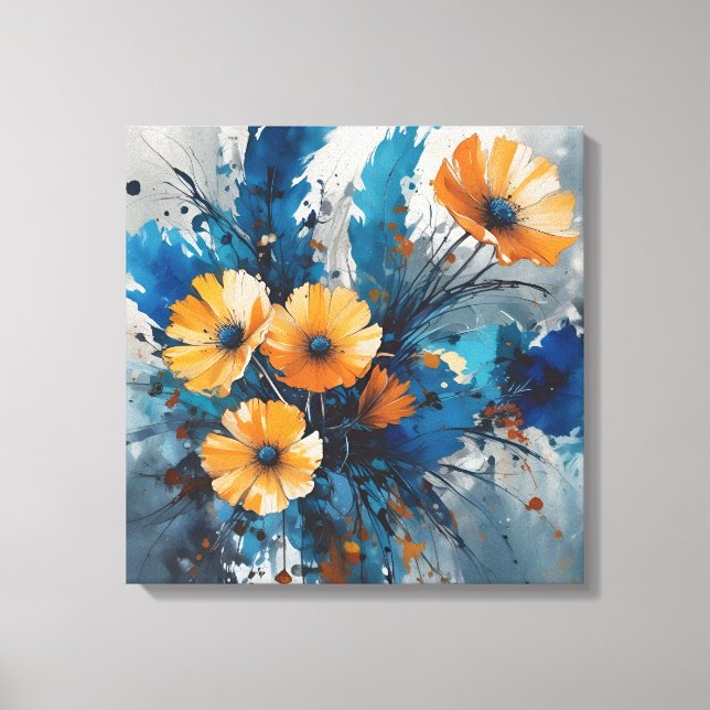 Impressão Em Tela Burst Floral Laranja com Aquarela Azul (Frente)