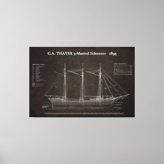 Impressão Em Tela C.A. THAYER 3-Mastered Schooner Blueprint 1895 (Frente)