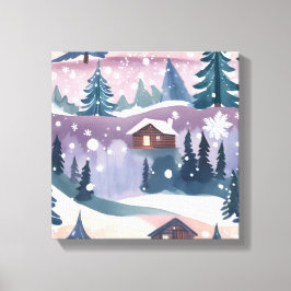 Impressão Em Tela Cabana na Montanha Nevada Aquarela