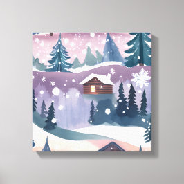Impressão Em Tela Cabana na Montanha Nevada Aquarela