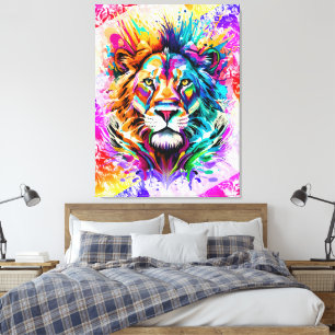 Impressão Em Tela Cabeça de Leão - Pintura Colorida De Gato De Leão