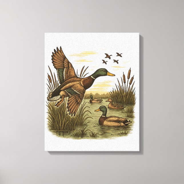 Impressão Em Tela Caça ao Pato-Marreco Voador Retro (Frente)