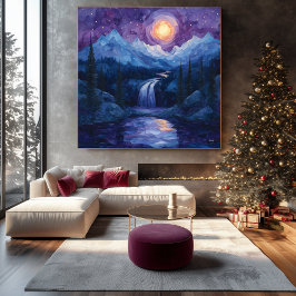 Impressão Em Tela Cachoeira ao Luar Abstrata com Lua de Noite Estrel