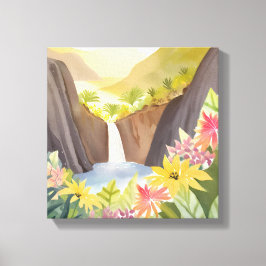 Impressão Em Tela Cachoeira Tropical | Paisagem Floral em Aquarela