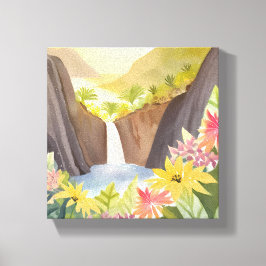Impressão Em Tela Cachoeira Tropical | Paisagem Floral em Aquarela