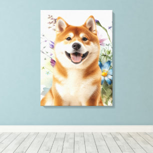 Impressão Em Tela Cachorro Akita Shiba Inu com Flores de Aquarela Az
