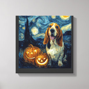 Impressão Em Tela Cachorro Basset Hound Fofo Abóbora de Halloween Ja