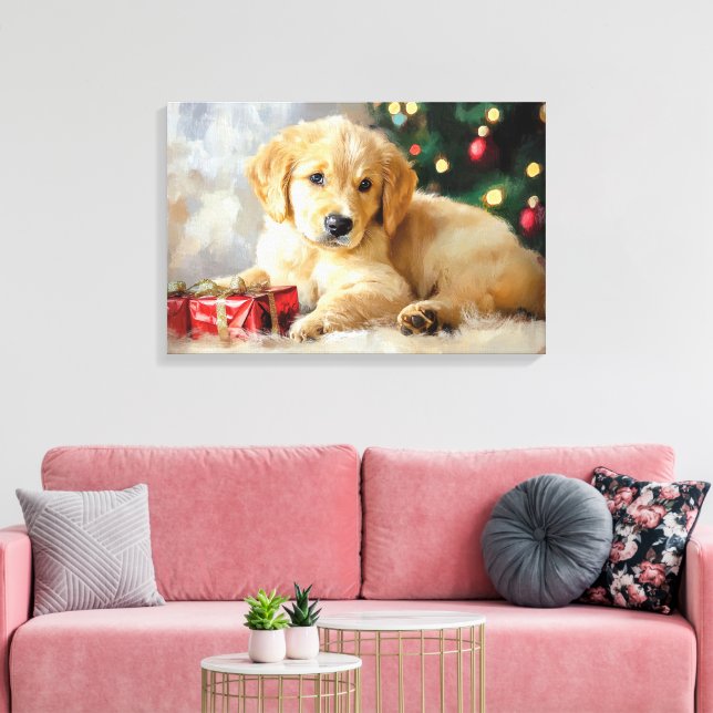 Impressão Em Tela Cachorro Bonito Com Presentes De Natal Como Pintur (Insitu(Sala de estar))