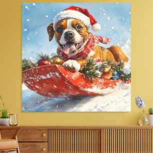 Impressão Em Tela Cachorro Boxer em Trenó Deixe Nevar Natal