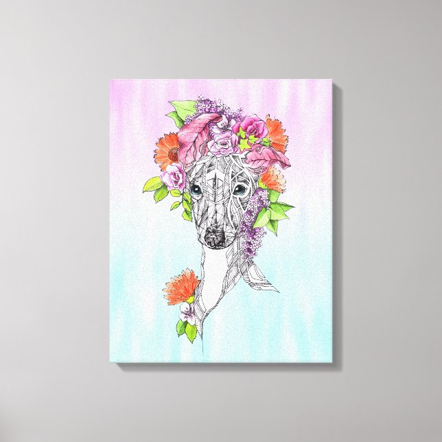 Impressão Em Tela Cachorro-branco italiano desenhando flores (Frente)