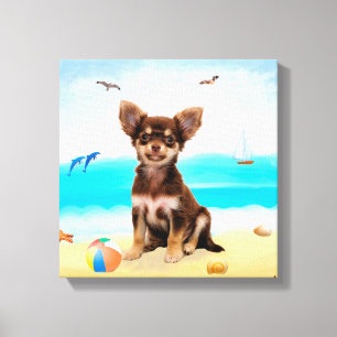 Impressão Em Tela Cachorro Chihuahua na Praia